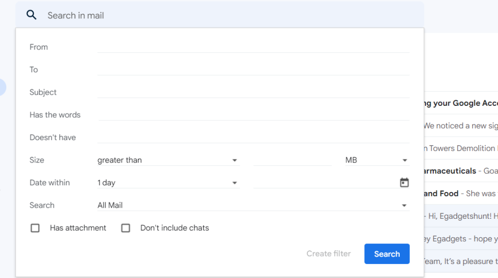 Gmail filter drop-down menu 
